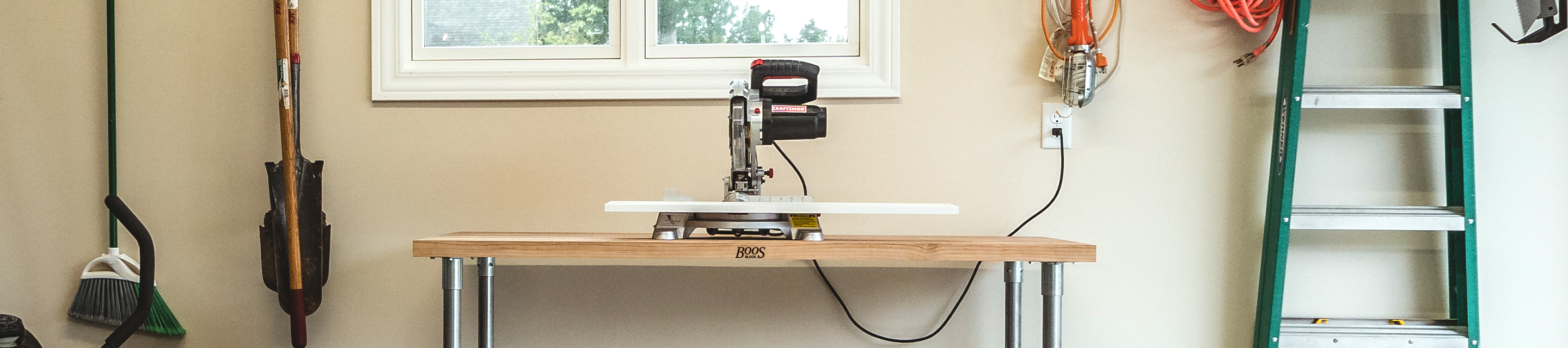 Garage with a John Boos wood workbench countertop